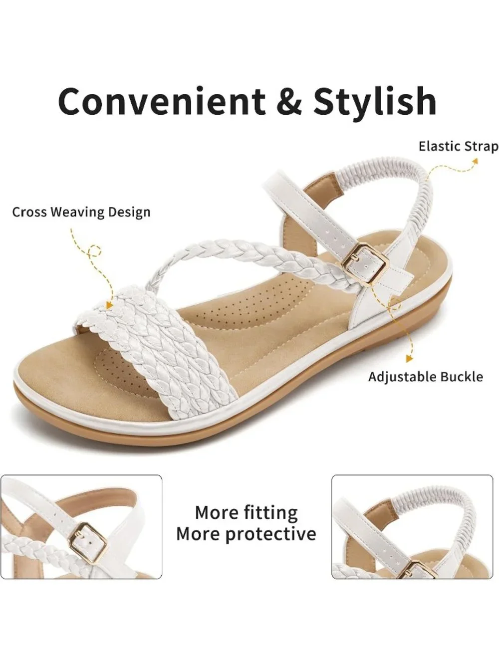 Women's White Summer Comfortable Strappy Flats Casual Walking Beach Sandals